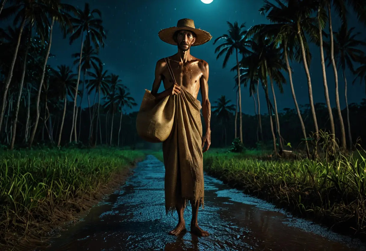 夜の平原。非常に背の高い、ひょろ長い服を着た男が、広い帽子を被り袋を背負って立っている。