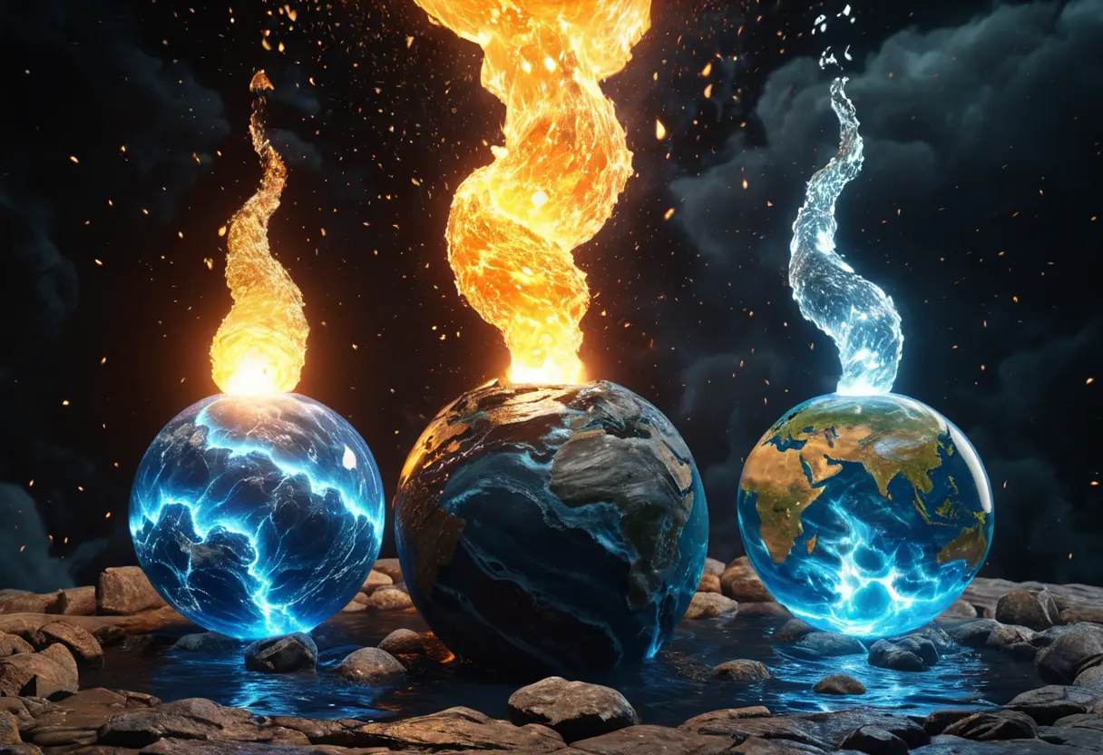 Four elemental orbs floating in a mystical void.