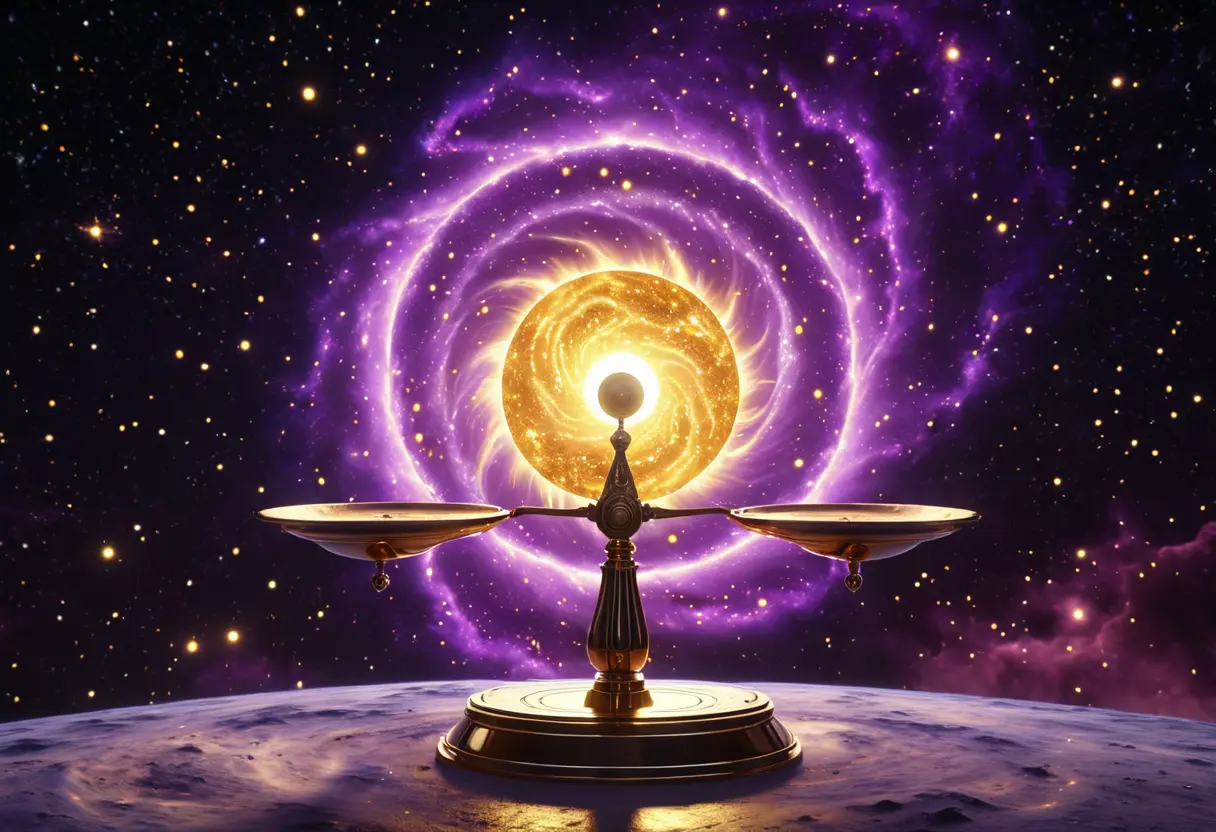 Symbols of Light and Dark clashing in a celestial balance.