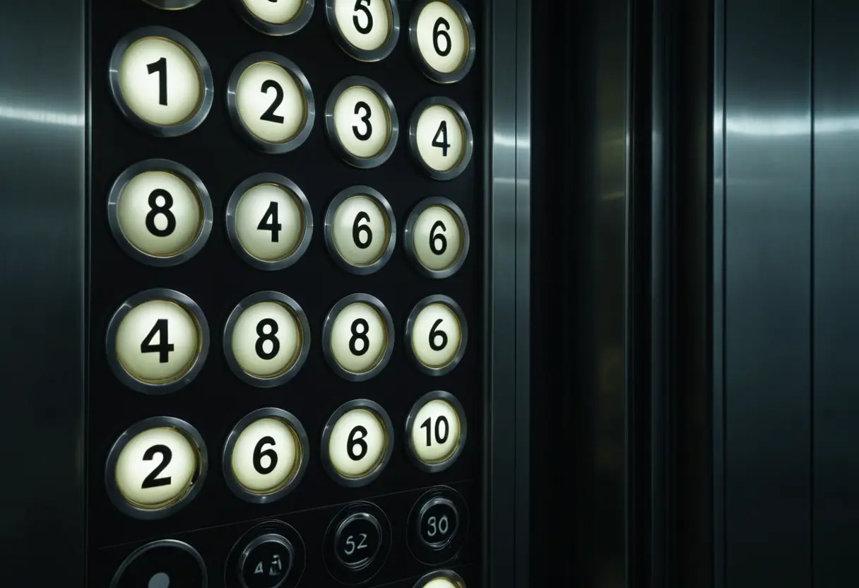 An elevator control panel with glowing buttons in a dark elevator.