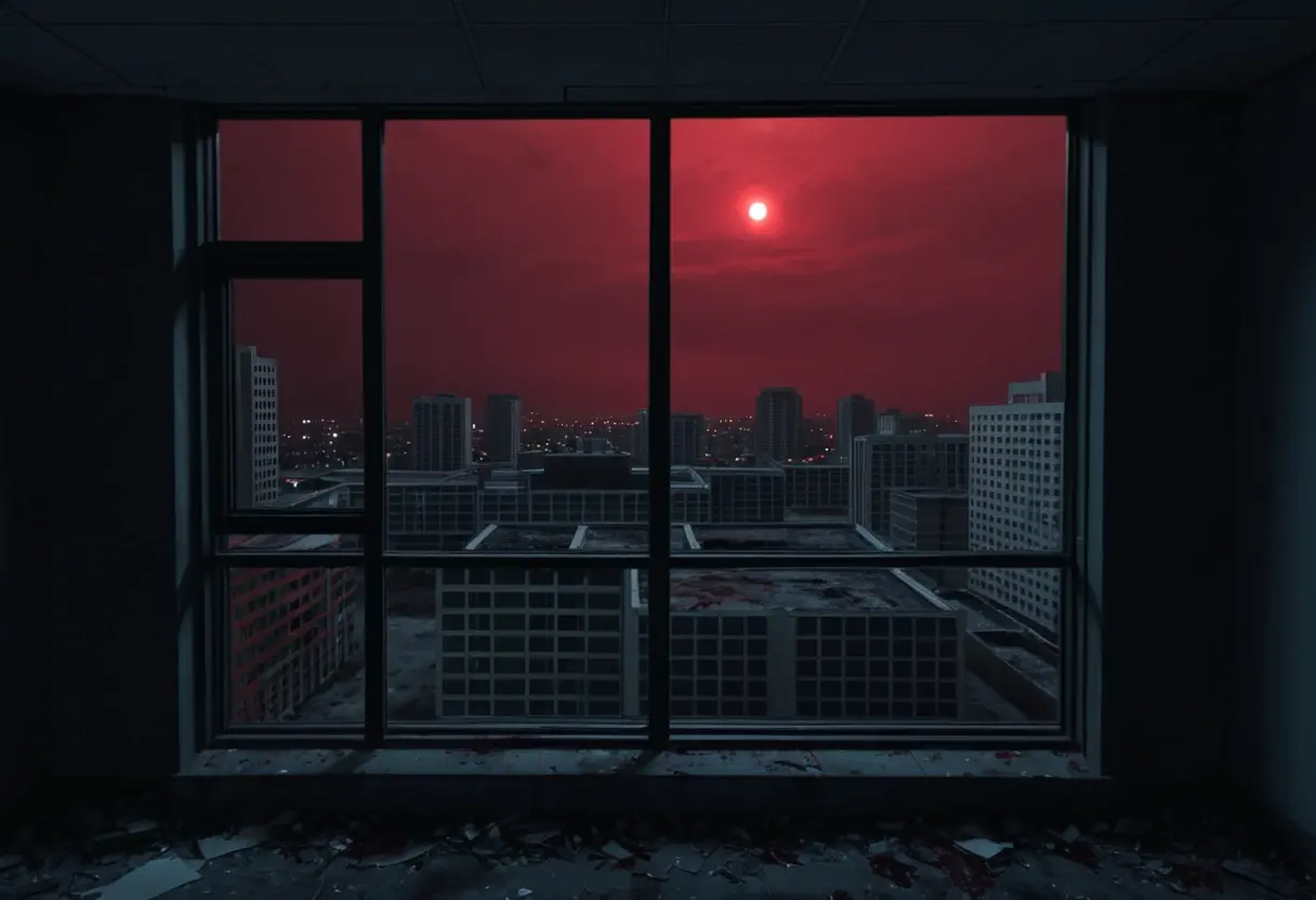 A hallway with a view of a solid red sky through a window.