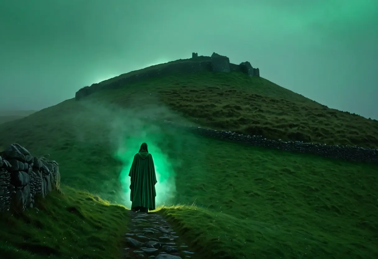 A mysterious figure disappearing into a stone mound.