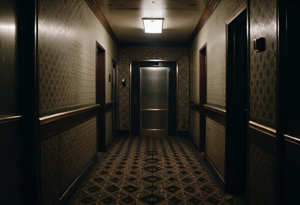 古ぼけたホテルの廊下の突き当たり、エレベーターのドアが開いたまま静止し、不気味な光が漏れる光景