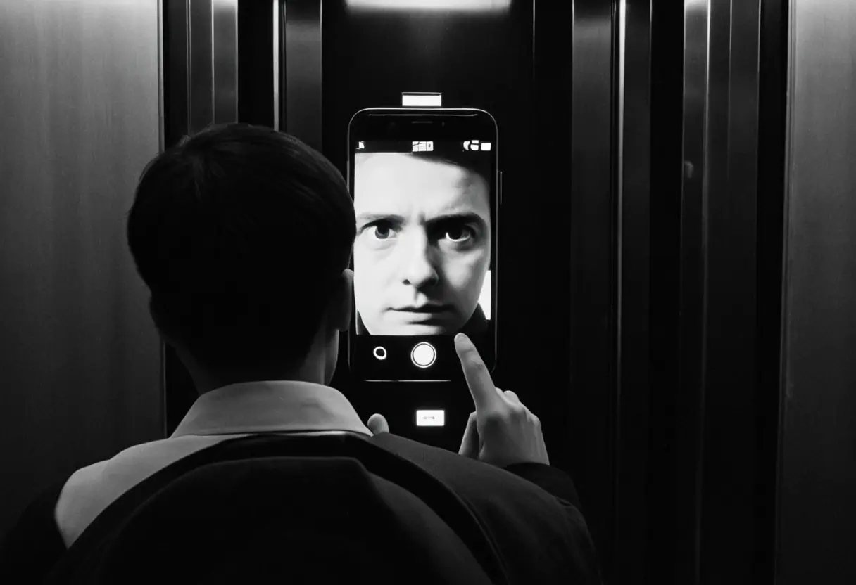 スマートフォンの画面に映る、ノイズ混じりのエリサの映像を凝視する現代の若者の後ろ姿