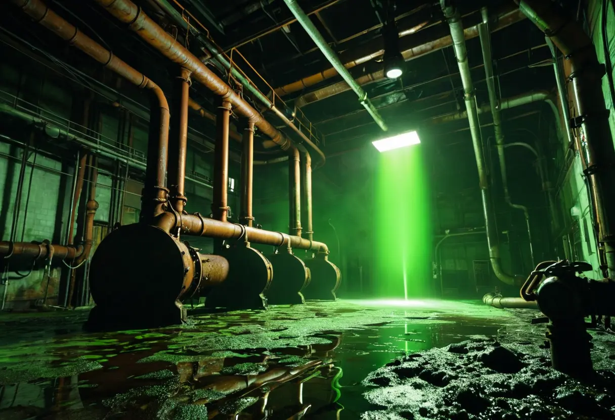 A dark, industrial boiler room with steam.