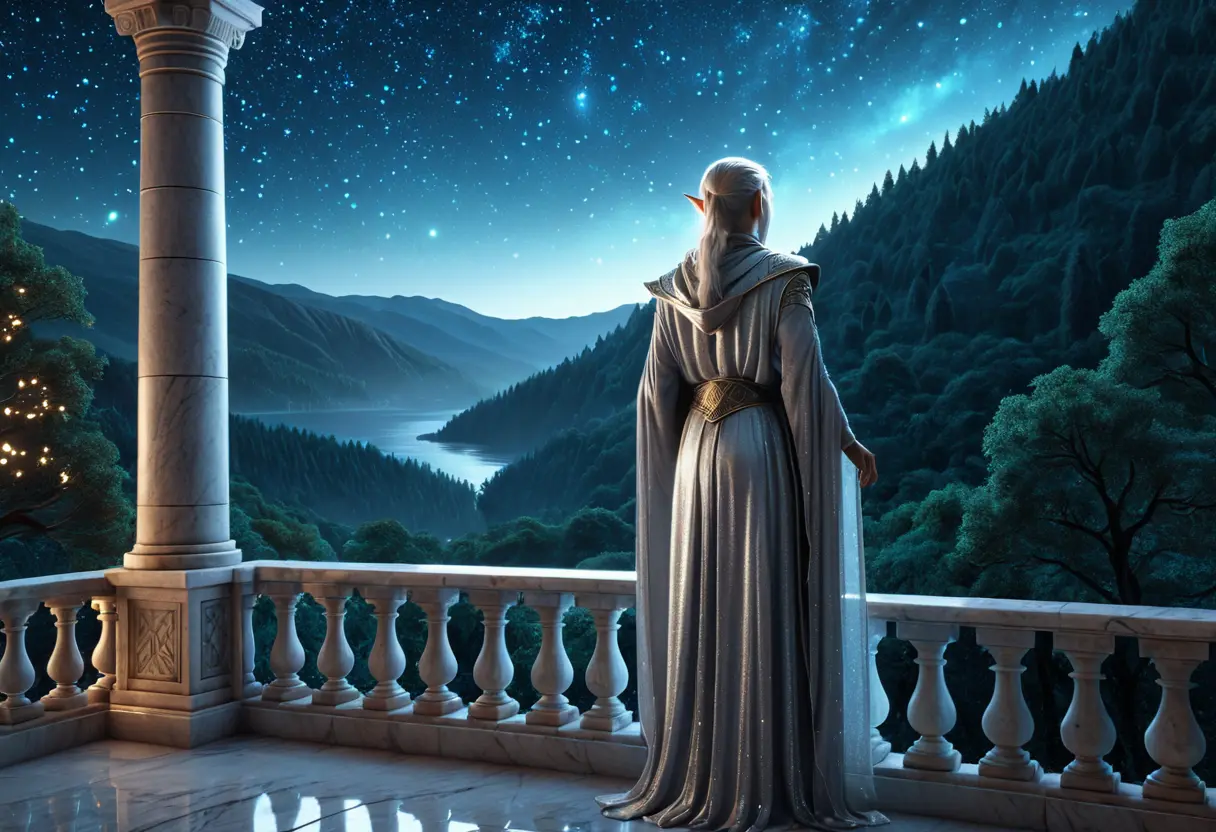 An Elf in star-silvery robes gazing at a forest.