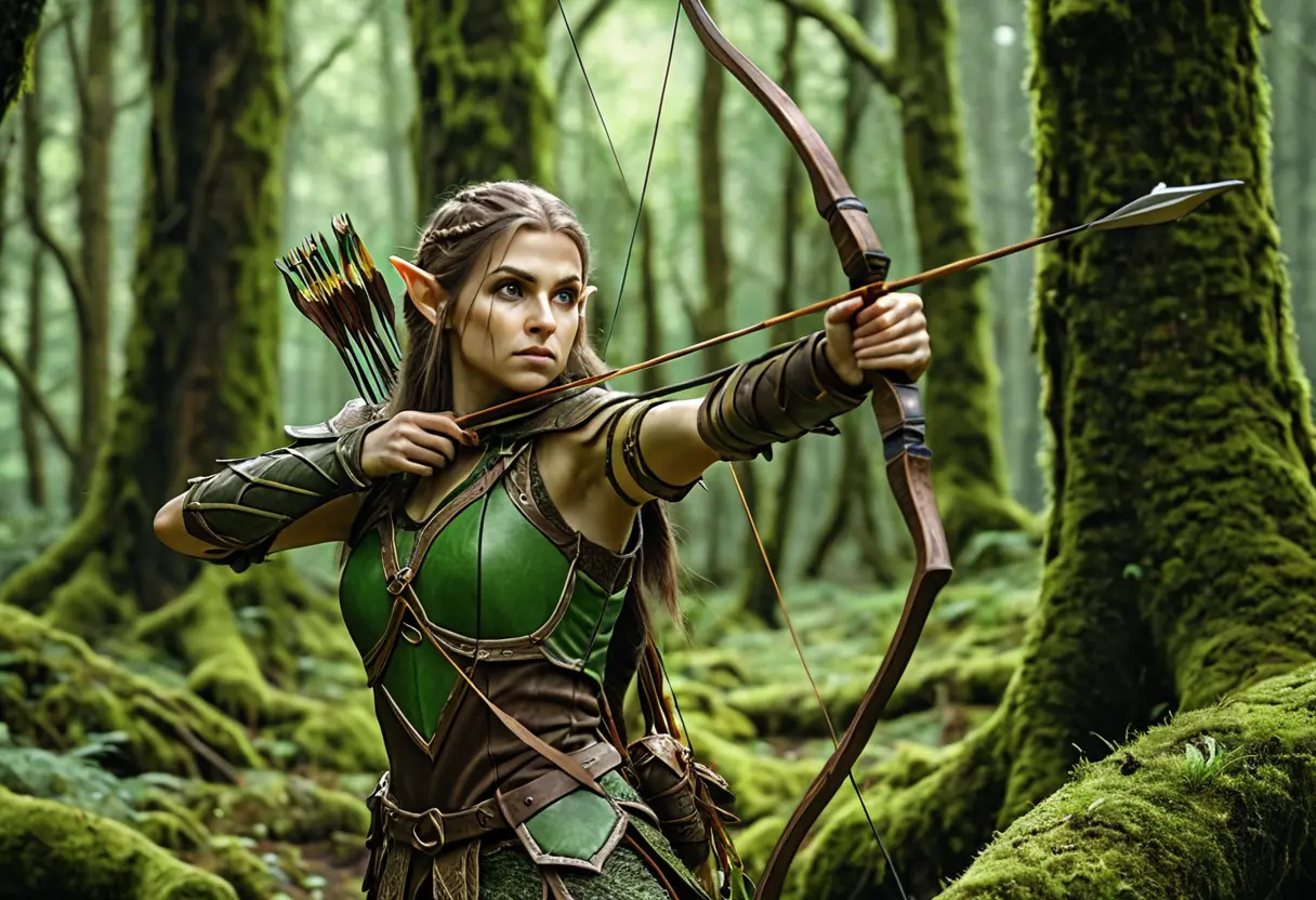 An Elf archer camouflaged in a dense forest.