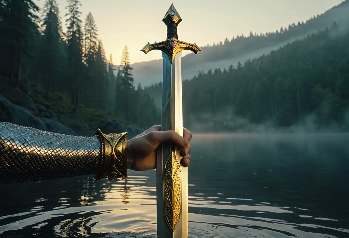 The hilt of Excalibur with intricate otherworldly designs.