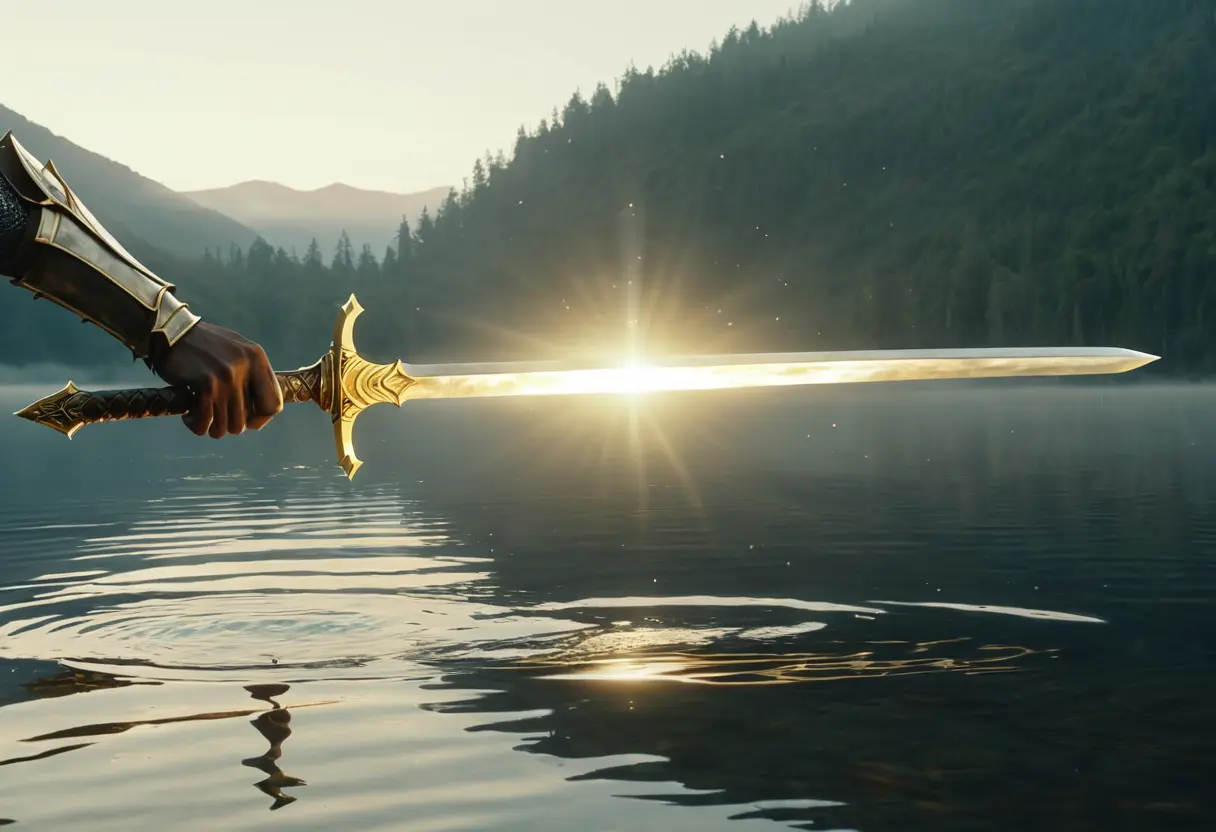 A sword being taken back into a lake by a mysterious hand.