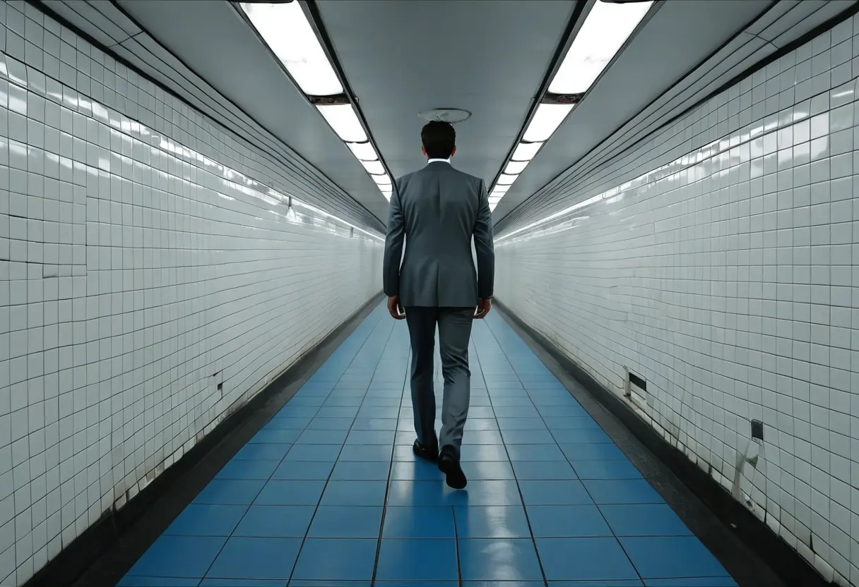 A clean tiled hallway with a man in a suit.