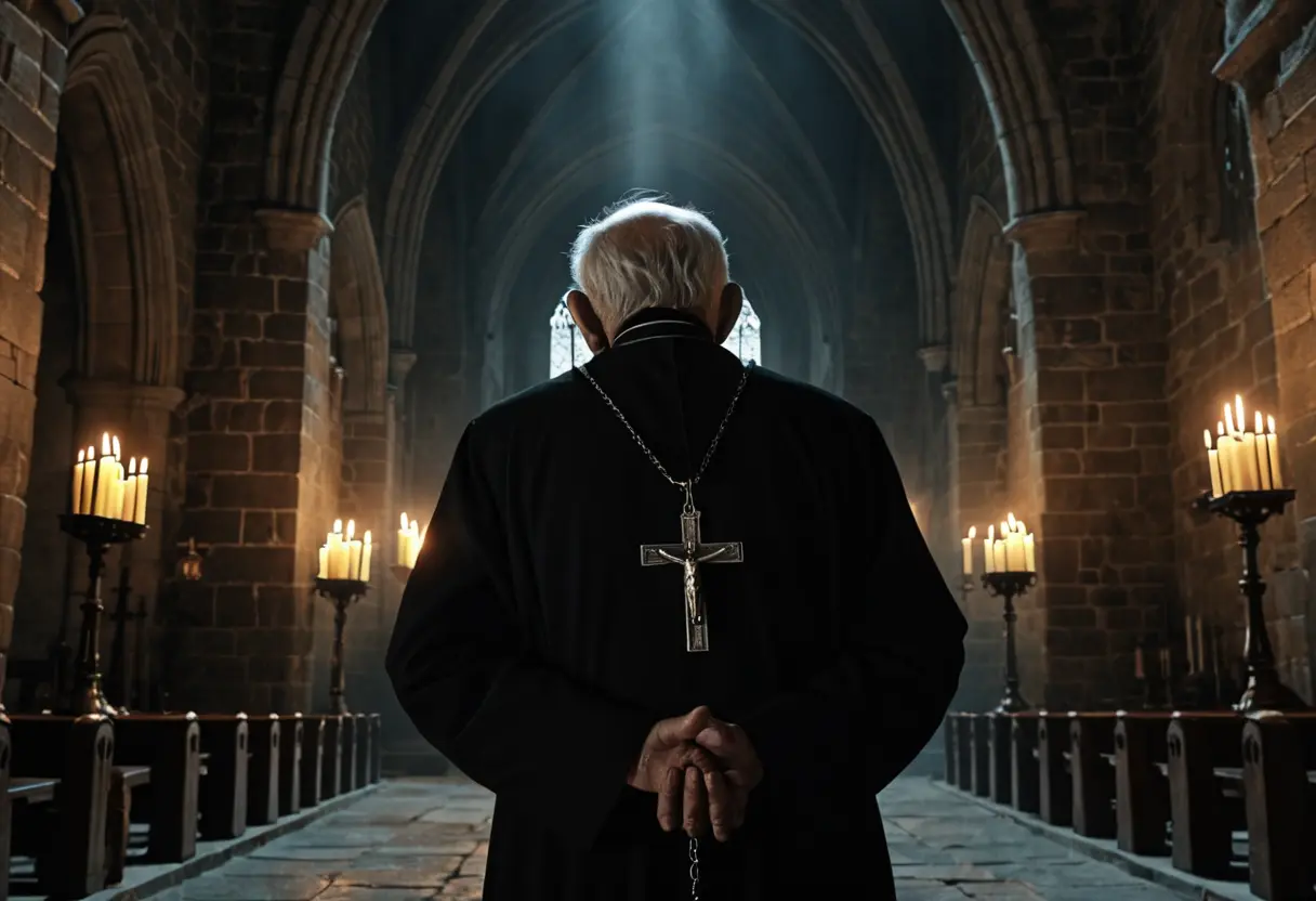 An elderly priest holding a crucifix in a dark cathedral.