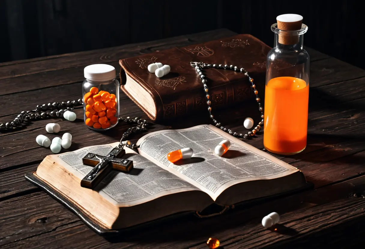 A juxtaposition of an open Bible and prescription pills.