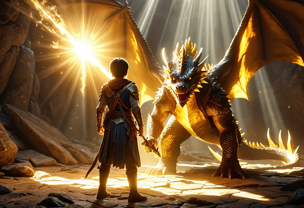 A hero glowing with golden light after defeating a dragon.