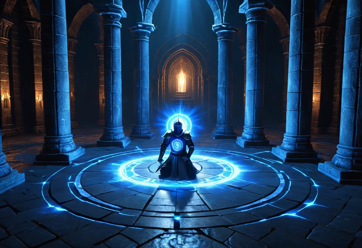 A magical circle glowing beneath a hero who is leveling up.