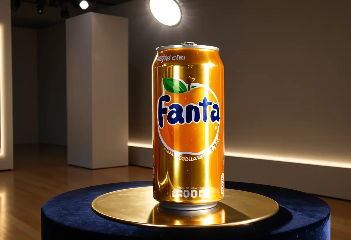 A golden soda can sitting on a pedestal in a museum.