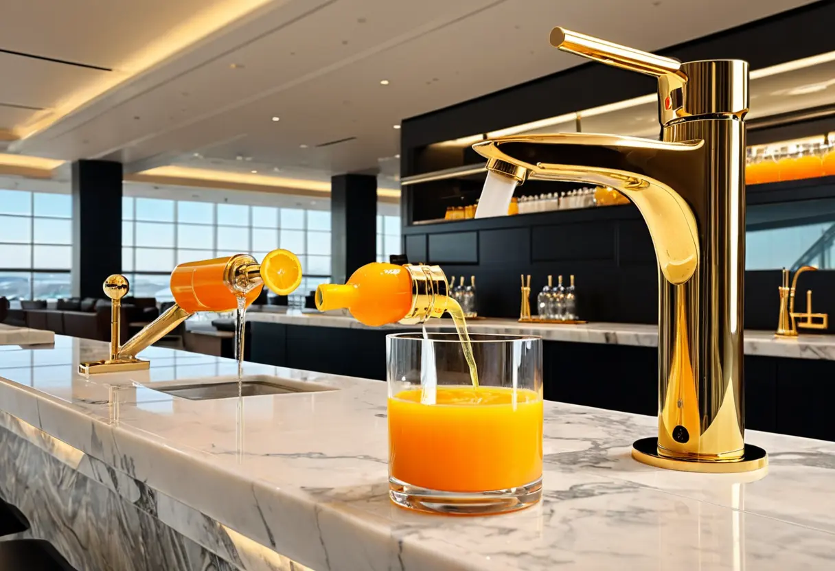 A golden faucet in a modern airport with orange juice pouring out.