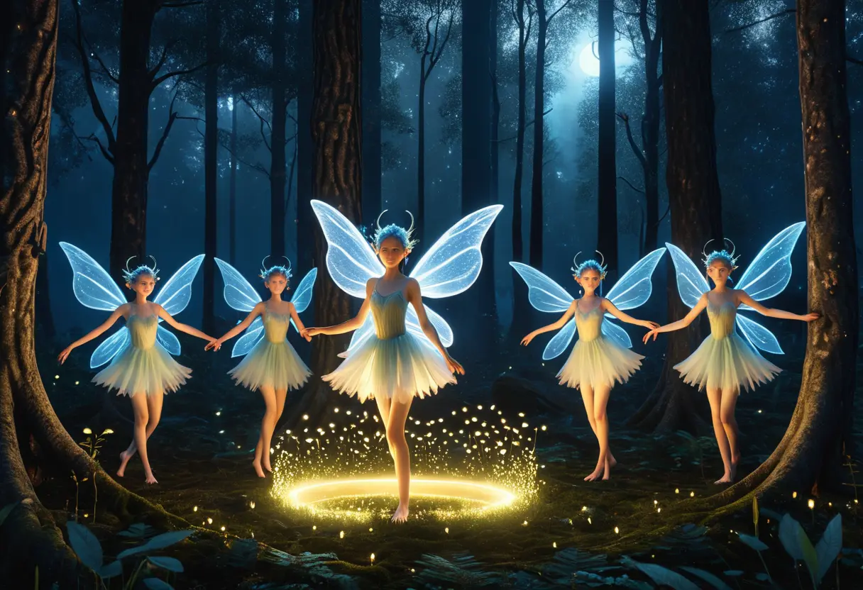 Tall, ethereal fairies with glowing eyes in a dark forest.