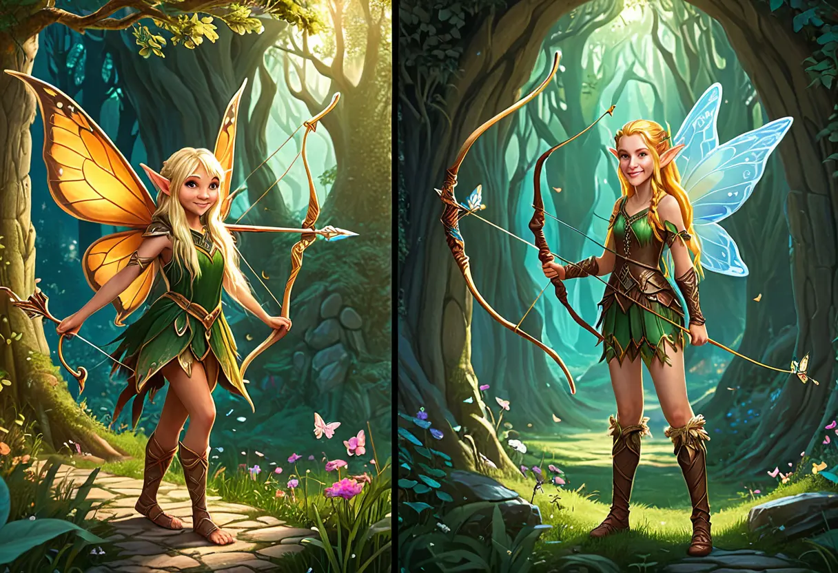 A split image of a tiny trickster pixie and a tall, noble elf.