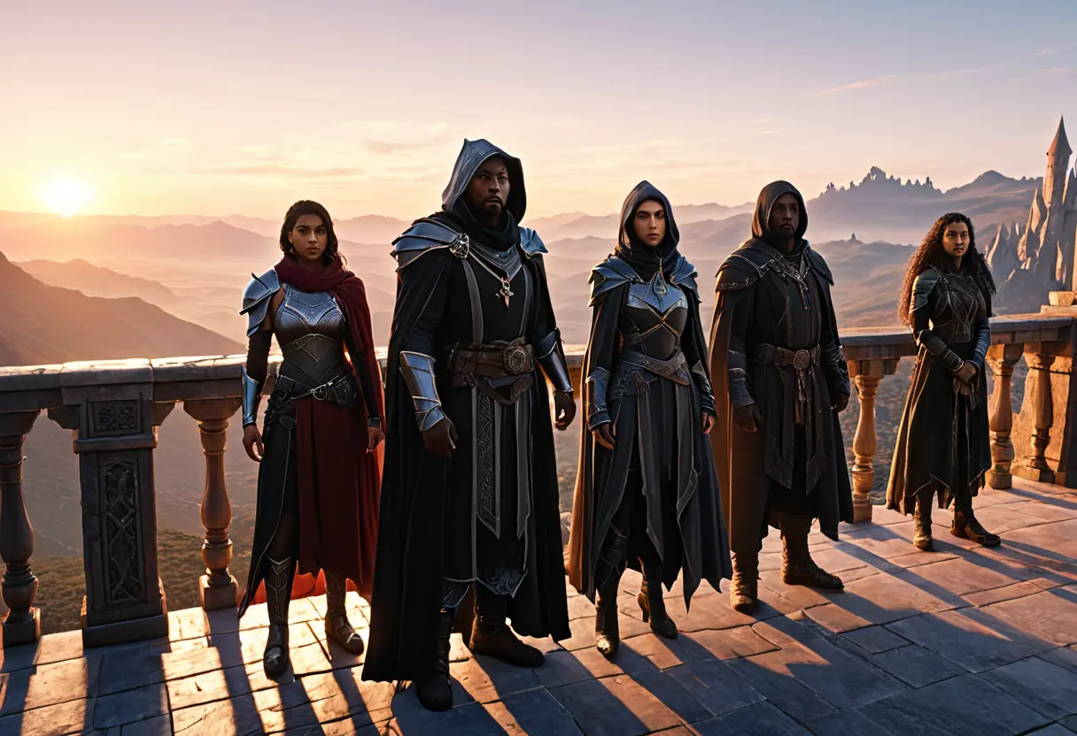 A diverse group of fantasy heroes standing on a castle balcony.