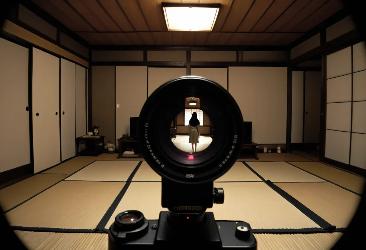 A girl holding an old camera in a dark room.