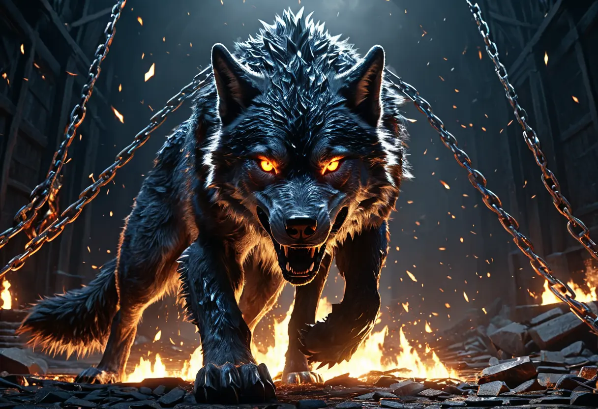 A massive wolf breaking iron chains.