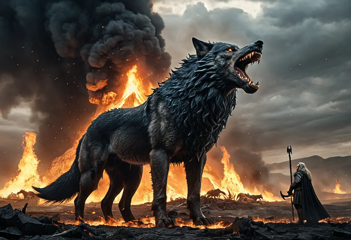 Fenrir facing Odin in battle.