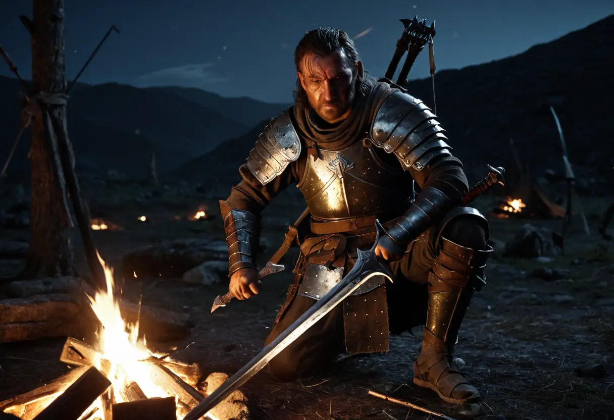 A battle-hardened fighter in functional plate armor sharpening a sword by a campfire.