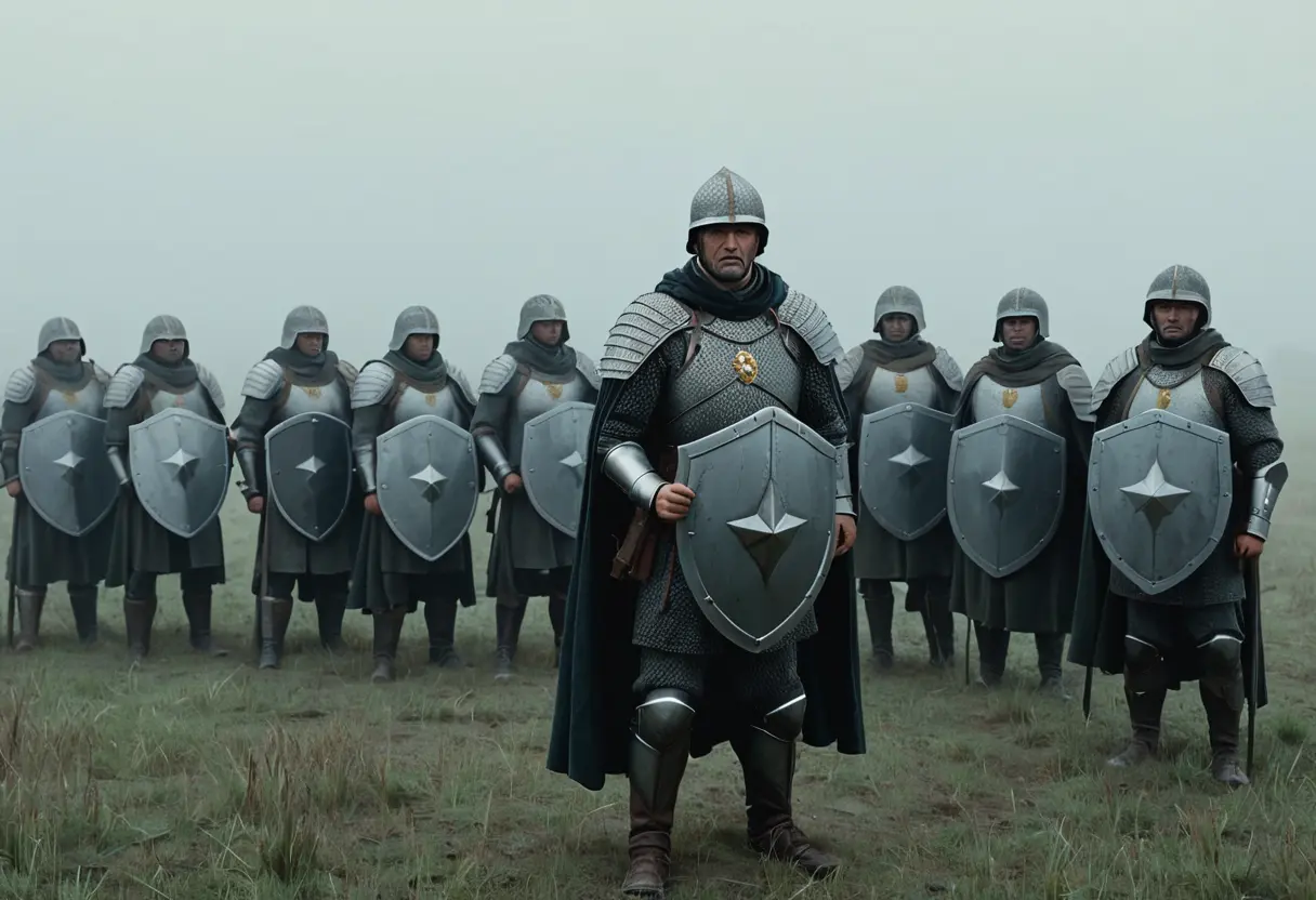 A formation of armored soldiers standing in a misty field.