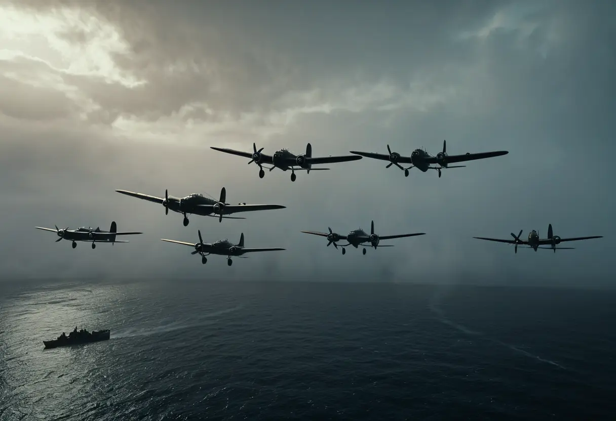 Five bombers flying into a white mist.