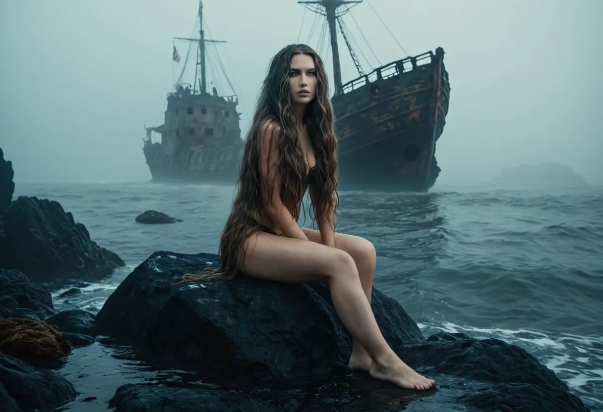 A siren singing on a rock.