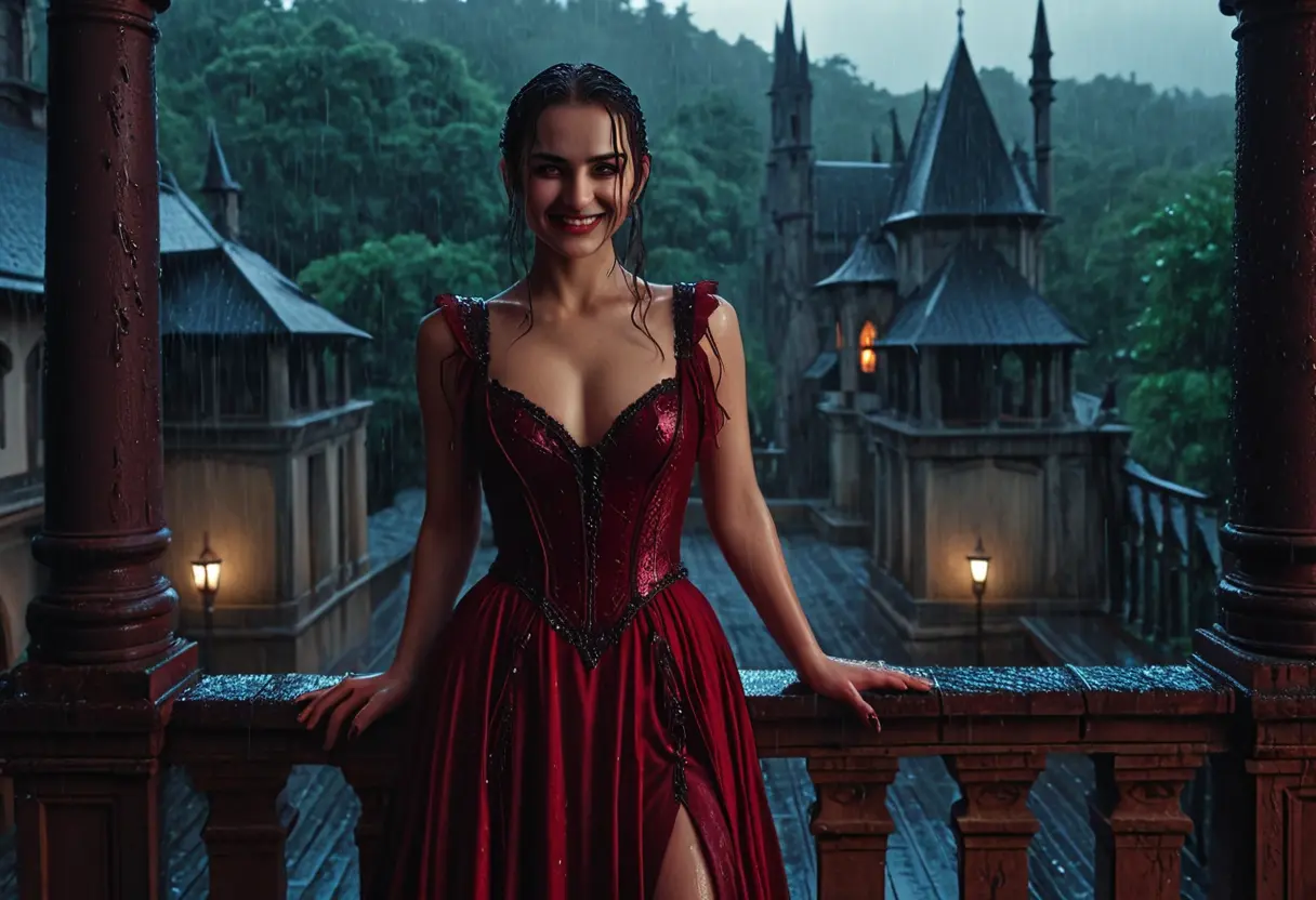 A dangerous woman in a crimson gown.