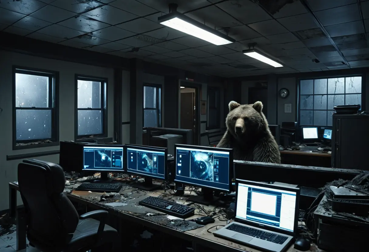 A dark security room with a robot face.