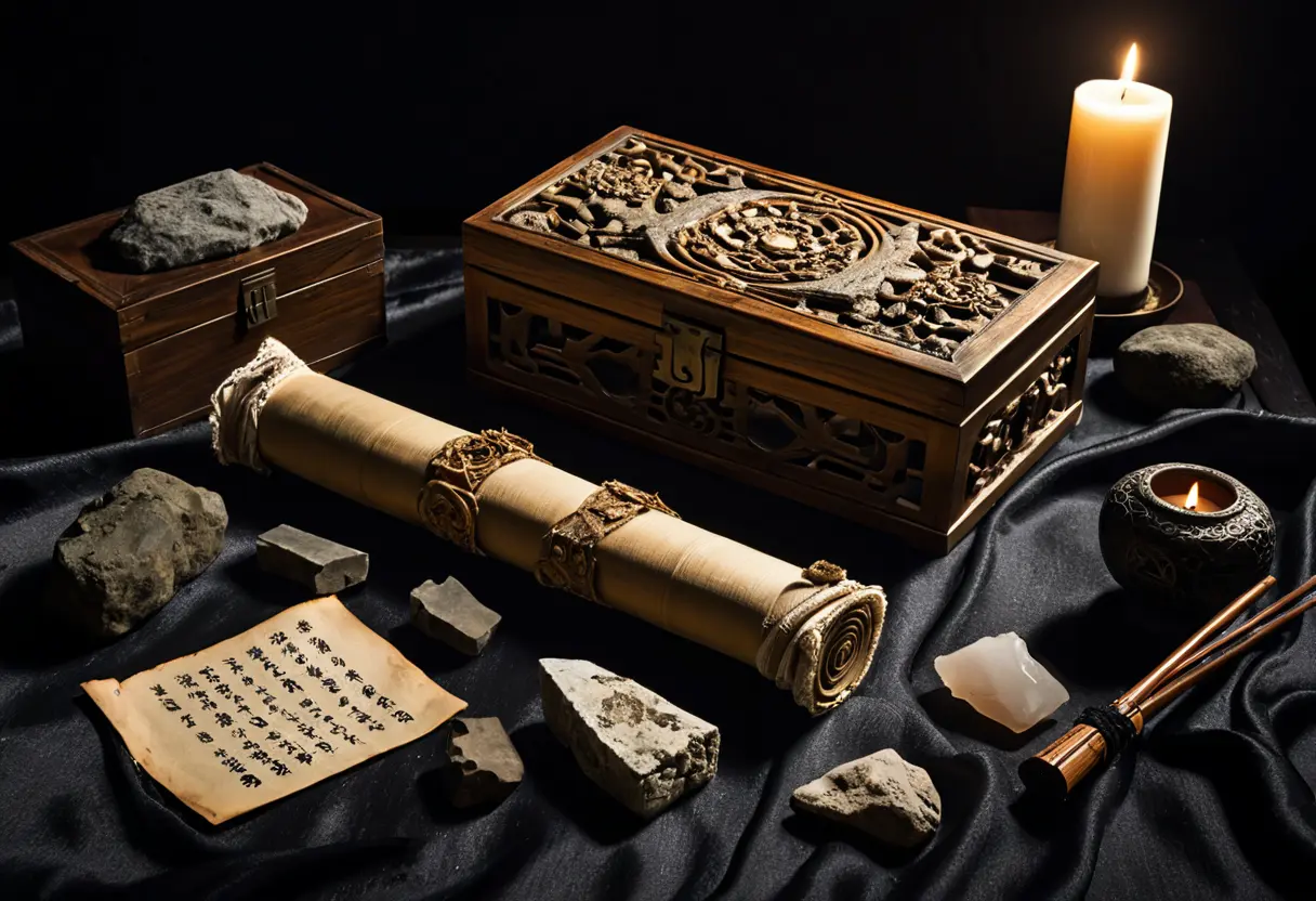 A collection of old Japanese artifacts in a dark room.