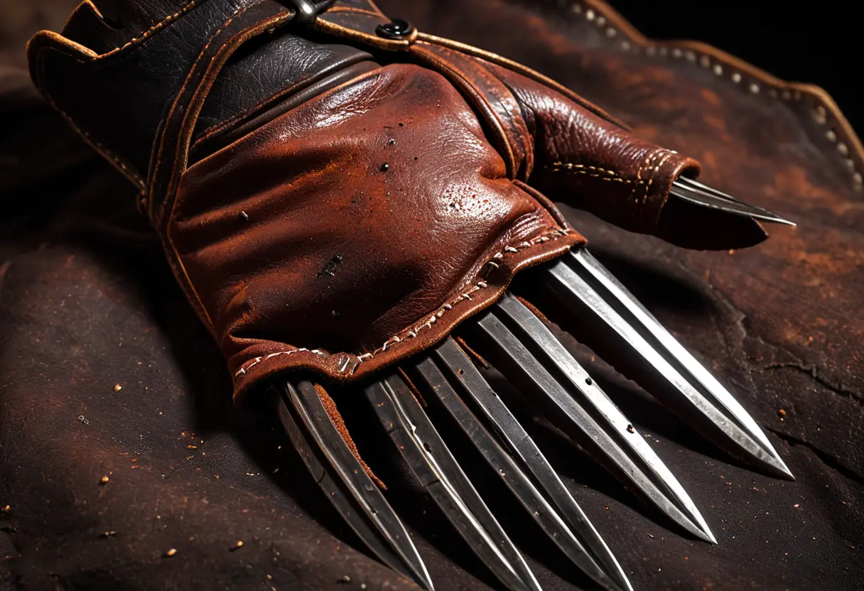 A close-up of a glove with four knife-blades.