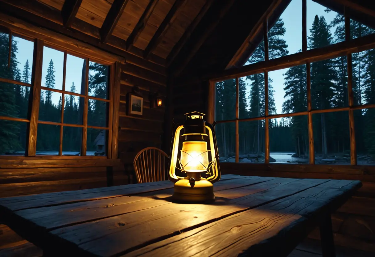 A dark cabin interior with a single lantern.