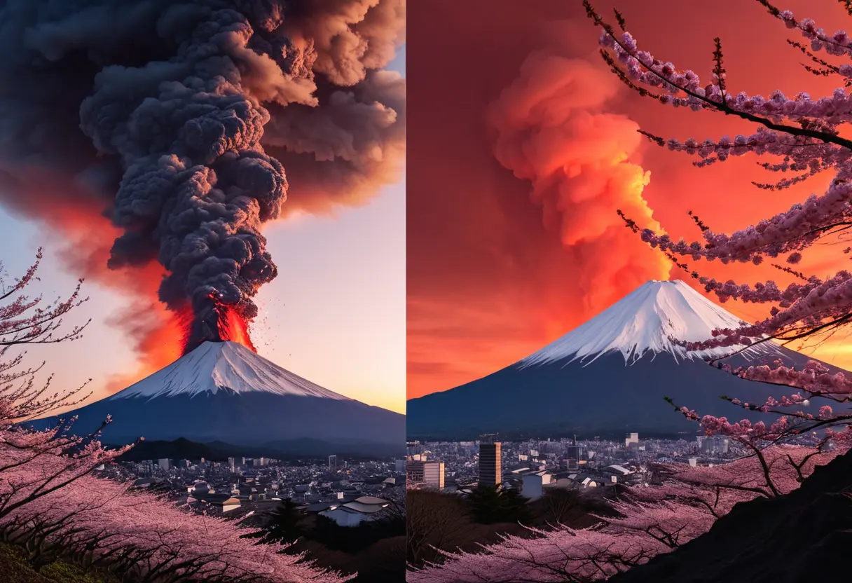 A split image of Mt. Fuji in spring and the same mountain erupting.