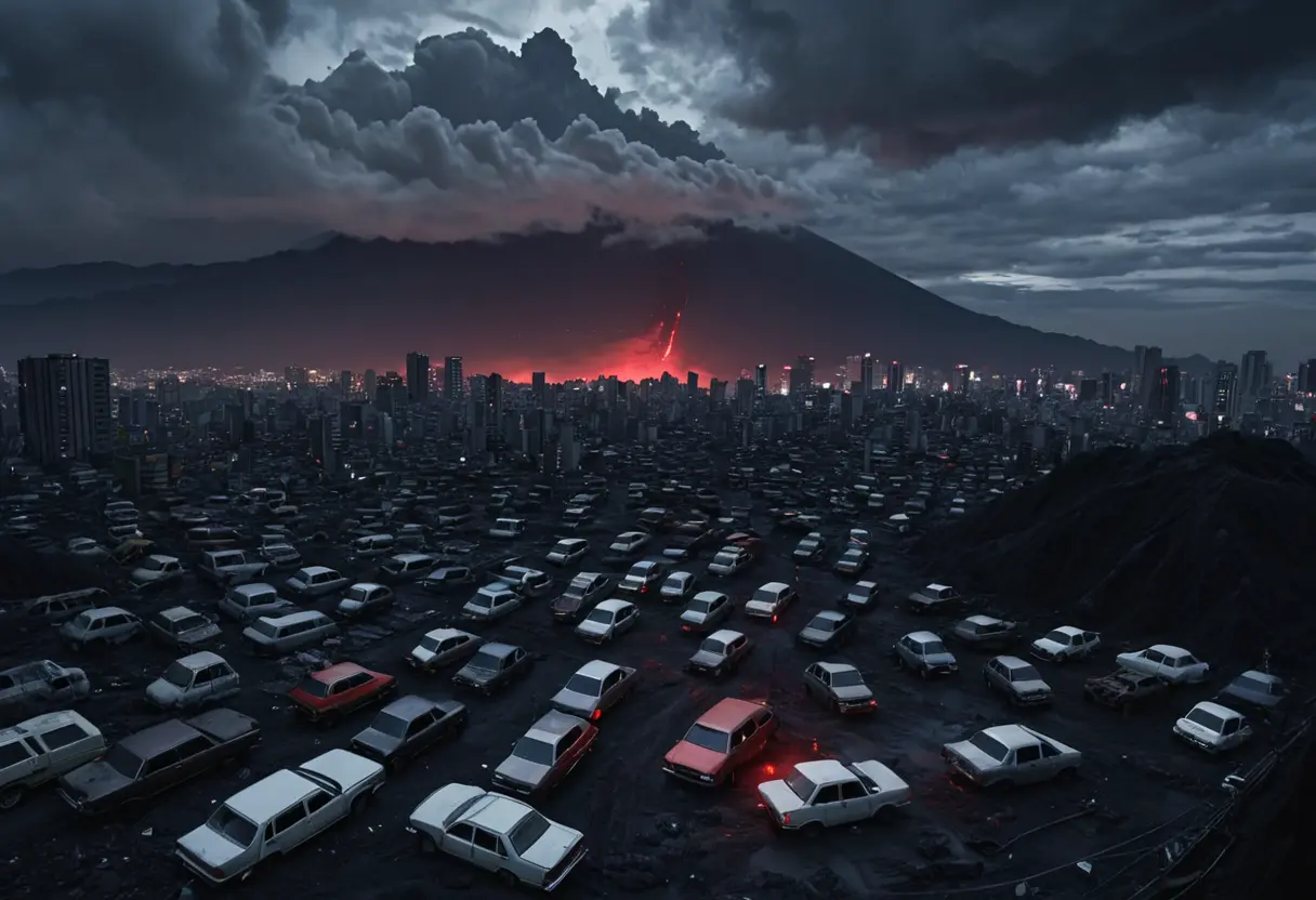 A deserted, ash-covered street in Shinjuku, Tokyo.