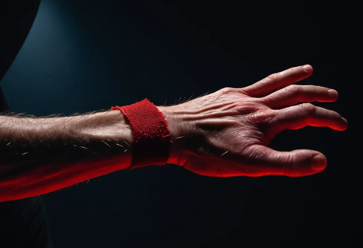 A hand scratching a red, textured patch on an arm.