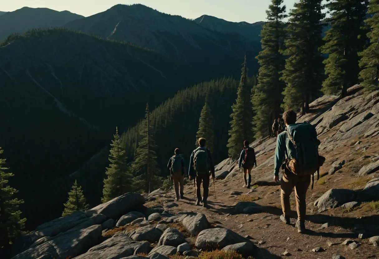 Hikers with a giant bear shadow perfectly hidden behind them.