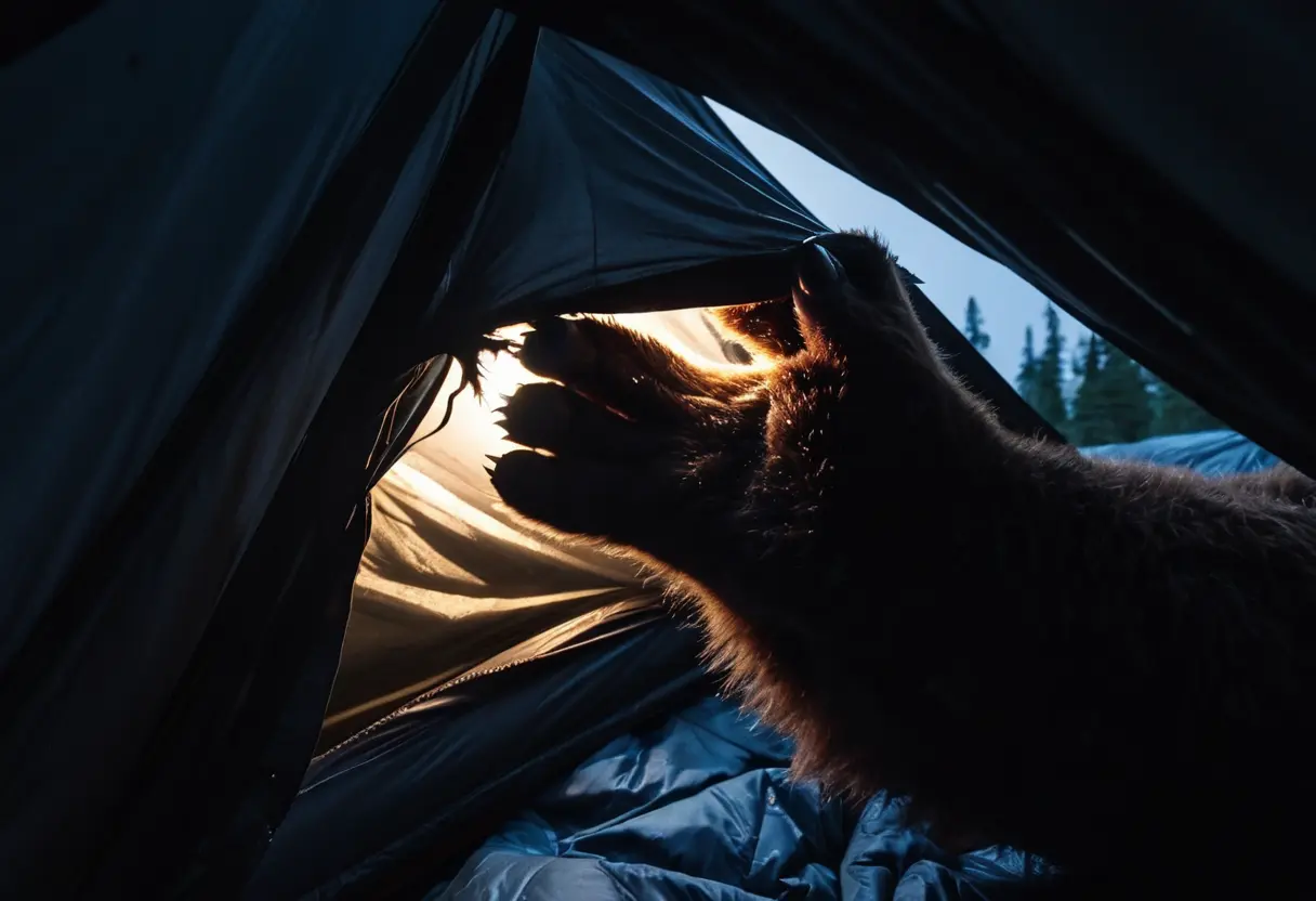 A bear&rsquo;s claw tearing through a tent.