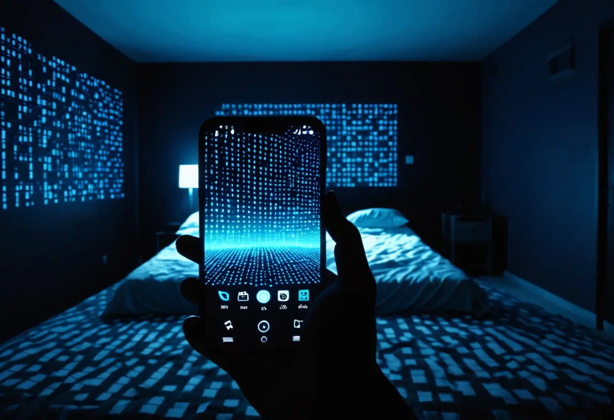 A specter emerging from a smartphone screen with binary rain.