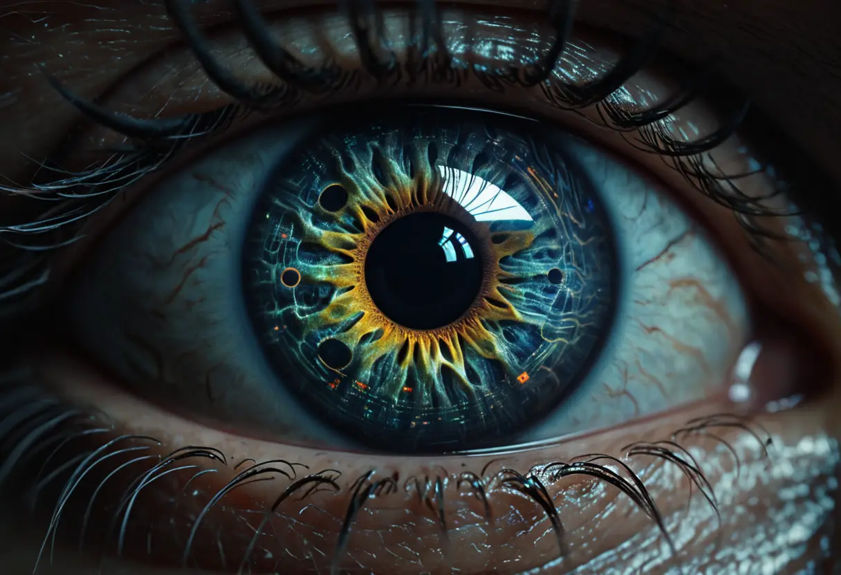 A human eye reflecting an endless stream of code and distorted faces.