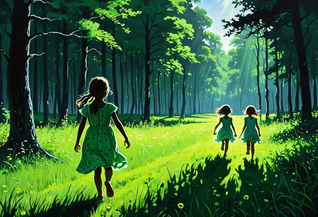 A shadowy creature following two children in a lush field.