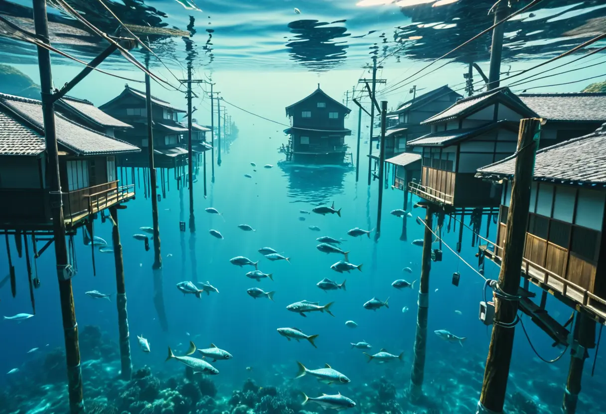 An underwater city glowing with soft, bioluminescent lights.