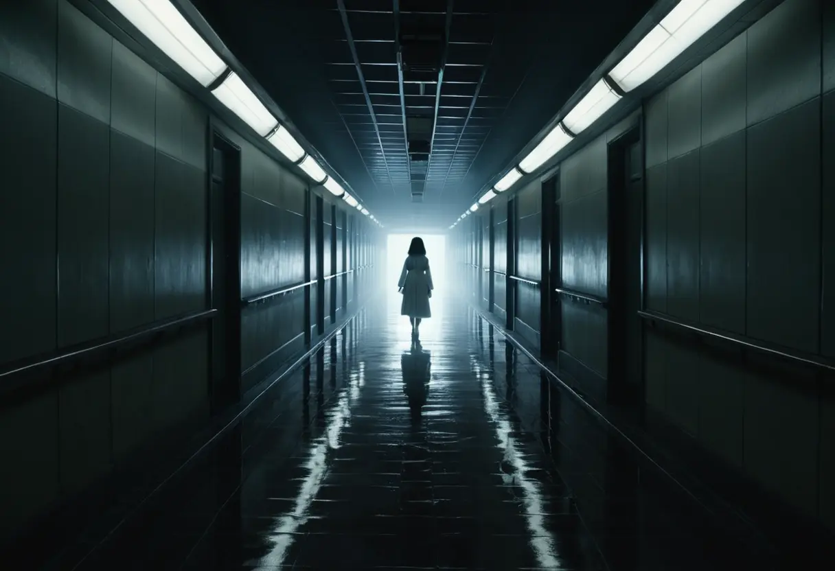 A dimly lit hospital corridor with a blurred figure at the far end.