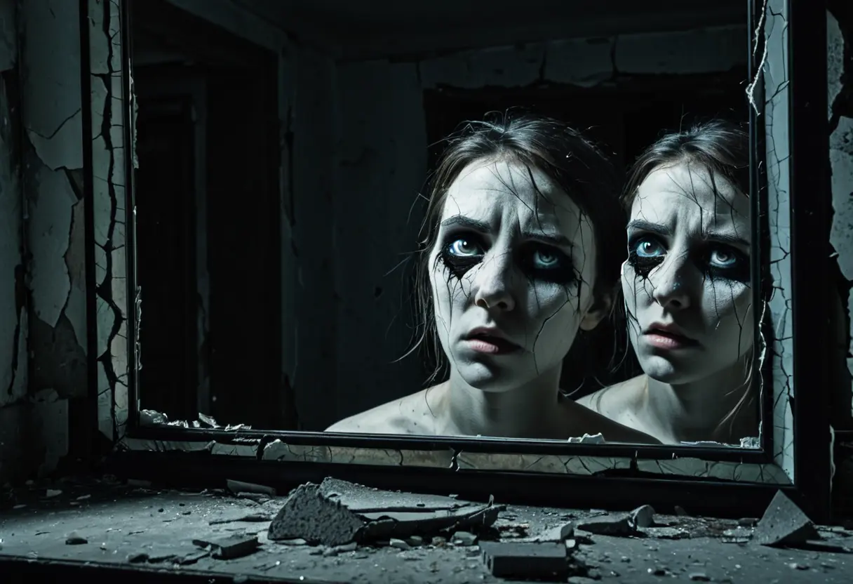 A close-up of a shattered mirror reflecting a distorted, pale face.