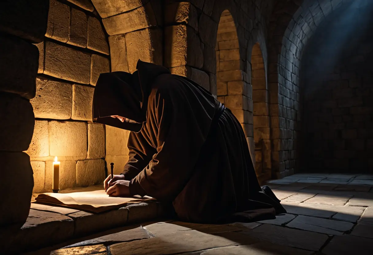 A monk writing the giant book in a dark cell.