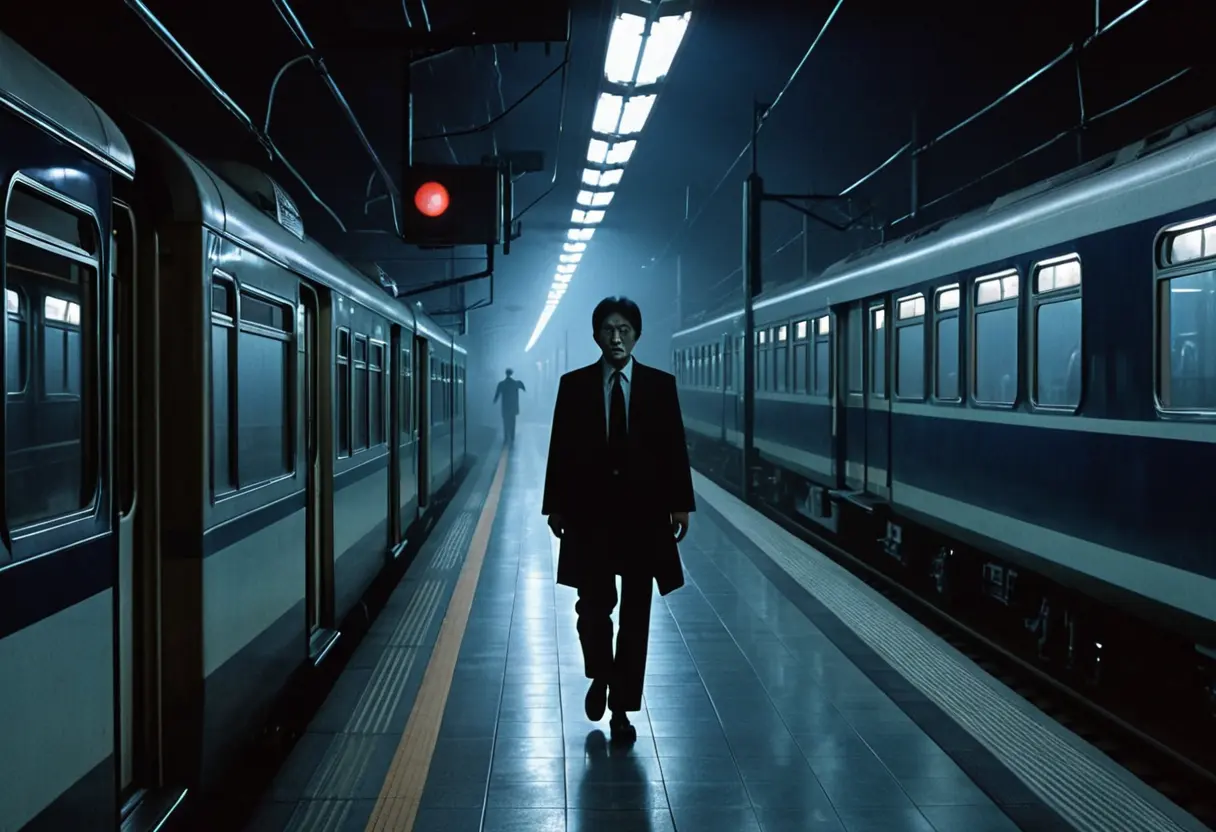 Silhouette of a man with fox-like eyes at a train station.