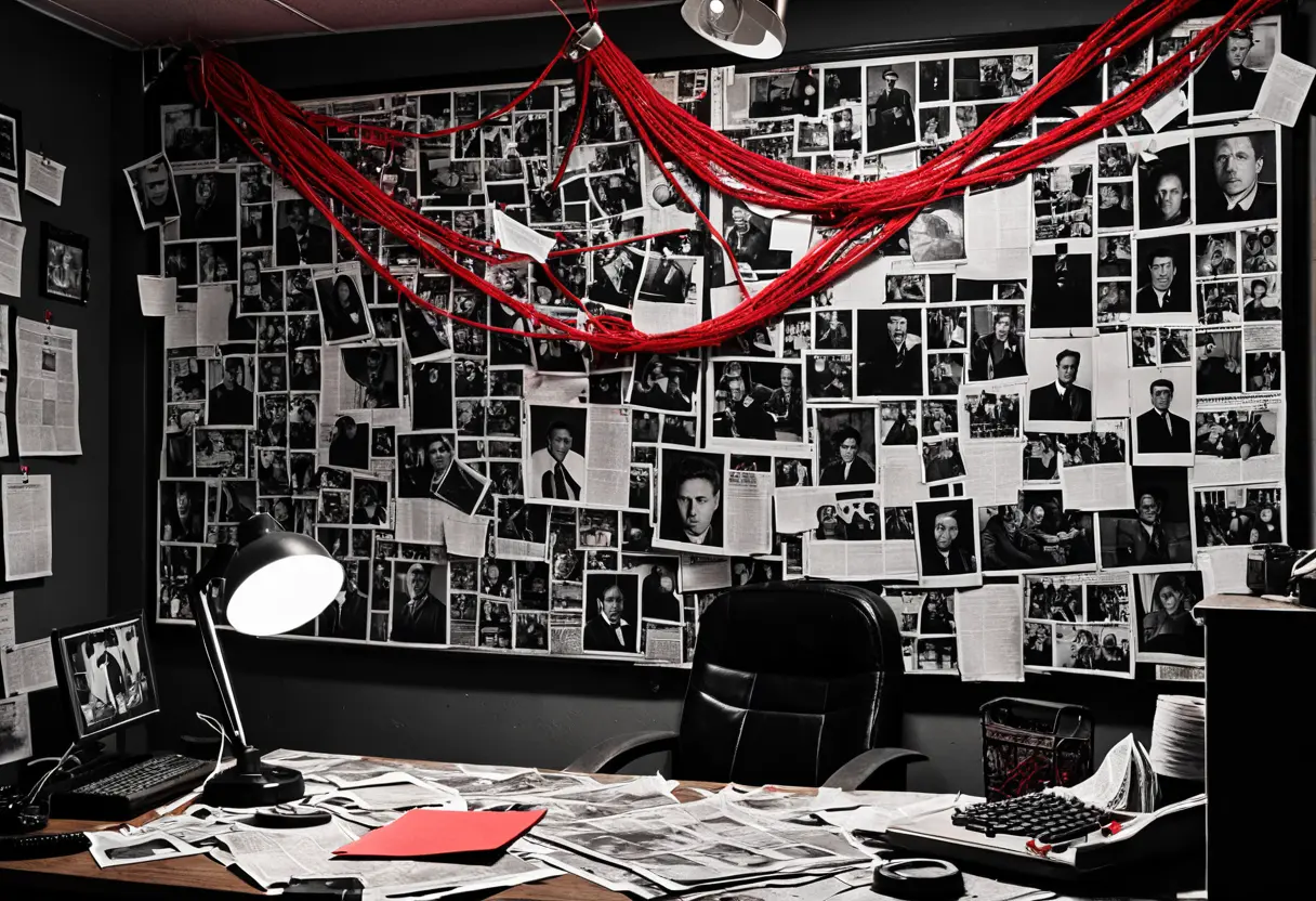 An evidence board with many photos.