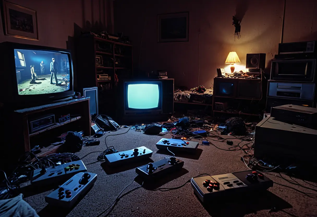 A dark room with a flickering old TV.